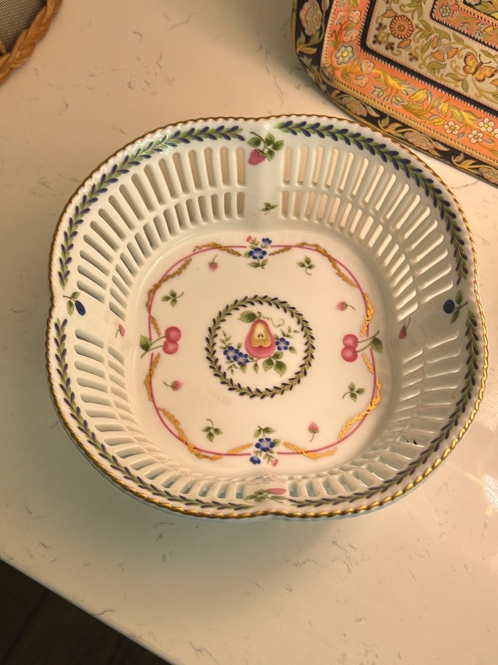 Maple Decorative Fruit Basket - White with Pink and Blue Floral Accents